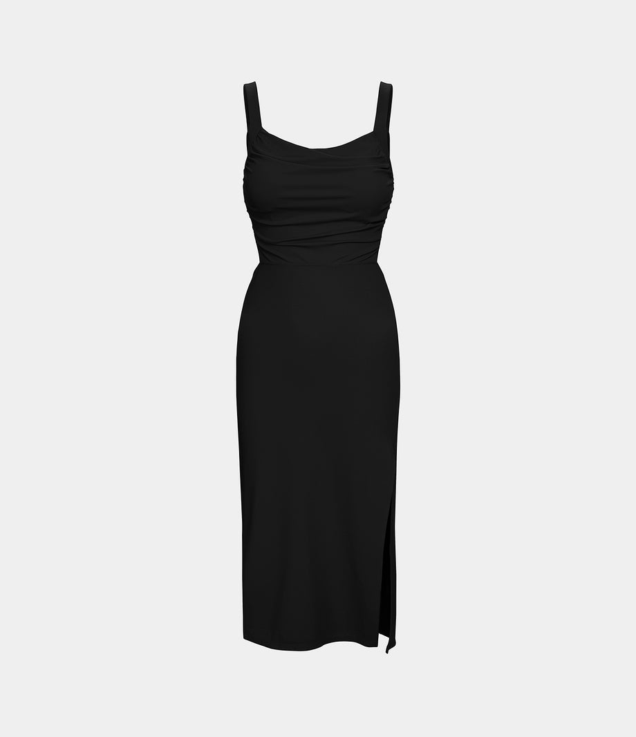 Ruched Lace Up Bodycon Midi Casual Dress - Black