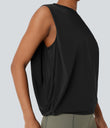 Round Neck Ruched Cool Touch Yoga Tank Top-UPF50+ - Black