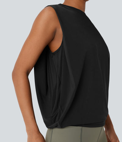 Round Neck Ruched Cool Touch Yoga Tank Top-UPF50+ - Black