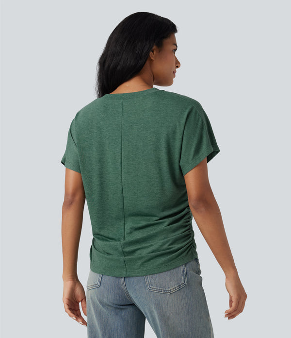V-neck Short Sleeve Ruched Relaxed Casual Top - Emerald Floral Yarn