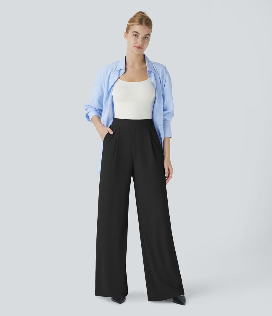 Halara Flex™ High Waisted Body Sculpt Waist-Slimming Pocket Wide Leg Micro Waffle Work Pants - Black