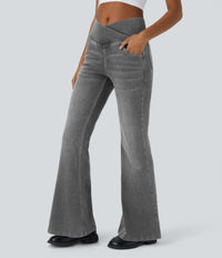 Halara Flex™ High Waisted Crossover Pocket Washed Casual Flare Jeans - Black Iron Gray Denim