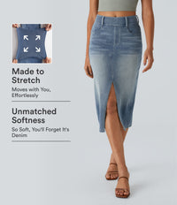 Halara Flex™ High Waisted Pockets Bodycon Washed Denim Casual Midi Skirt - Blue Gray Denim