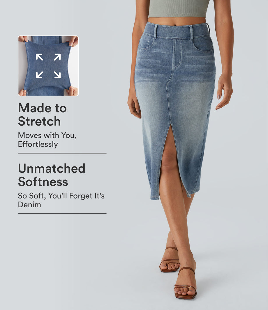 Halara Flex™ High Waisted Pockets Bodycon Washed Denim Casual Midi Skirt - Blue Gray Denim