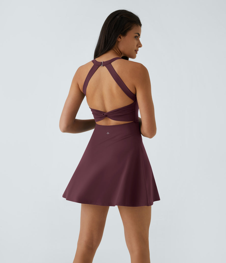 SoftlyZero™ Airy Backless Twisted Flare Low Support Dance Active Dress-Longer Length-Easy Peezy Edition A-D Cups - Fig