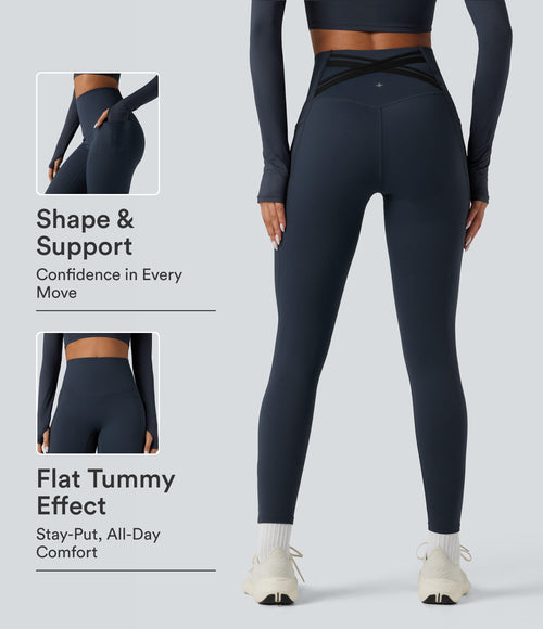 Halara Ultrasculpt™ Heat High Waisted Tummy Control Crossover Back Fleece Running Leggings with Pockets - Blueberry