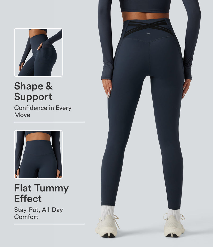 Celeste L'Amour Ultrasculpt™ Heat High Waisted Tummy Control Crossover Back Fleece Running Leggings with Pockets