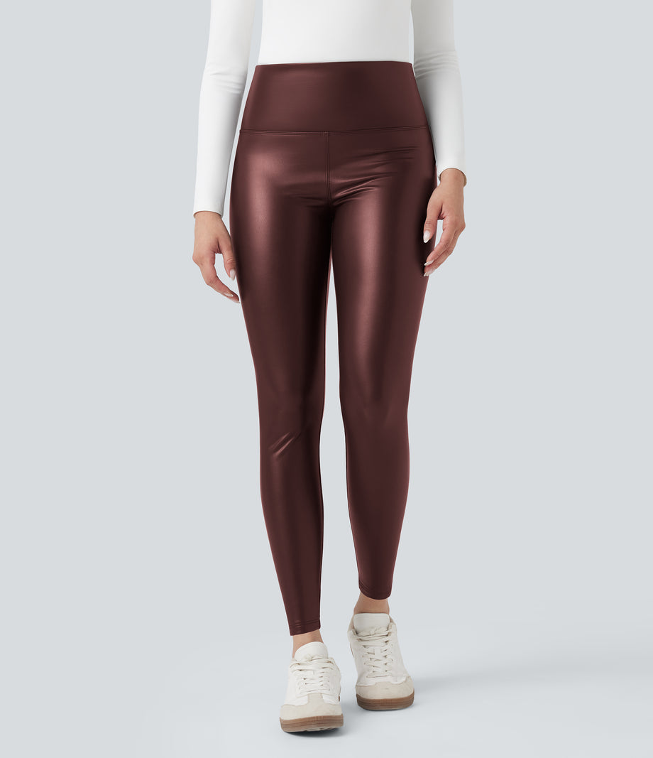 High Waisted Tummy Control Stretchy PU Fleece 7/8 Skinny Casual Leggings with Pockets - Andorra