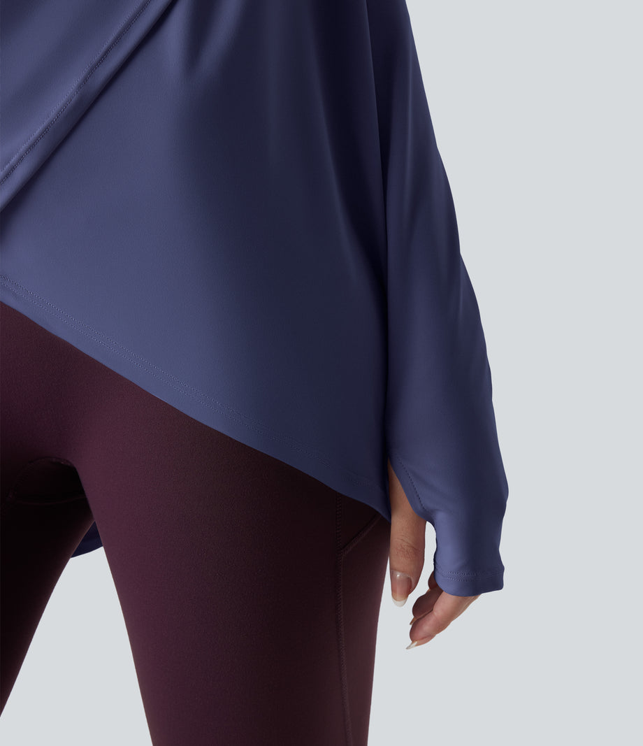 Hooded Cowl Neck Long Sleeve Thumb Hole Yoga Sports Top with Pockets - Patriot Blue