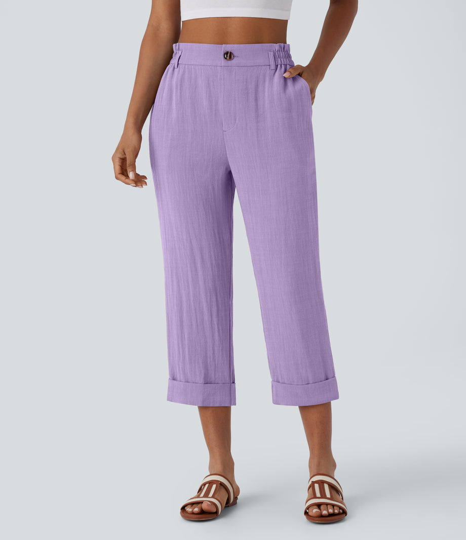 High Waisted Zipper Pocket Cropped Linen-Feel Pants - Lilac Breeze