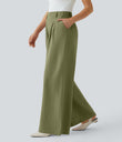 High Waisted Pocket Wide Leg Flowy Solid Palazzo Casual Linen-Feel Pants - Sphagnum