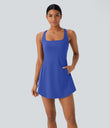 SoftlyZero™ Plush Cut Out Pocket 2-Piece Mini Yoga Active Dress - Lotus Blue