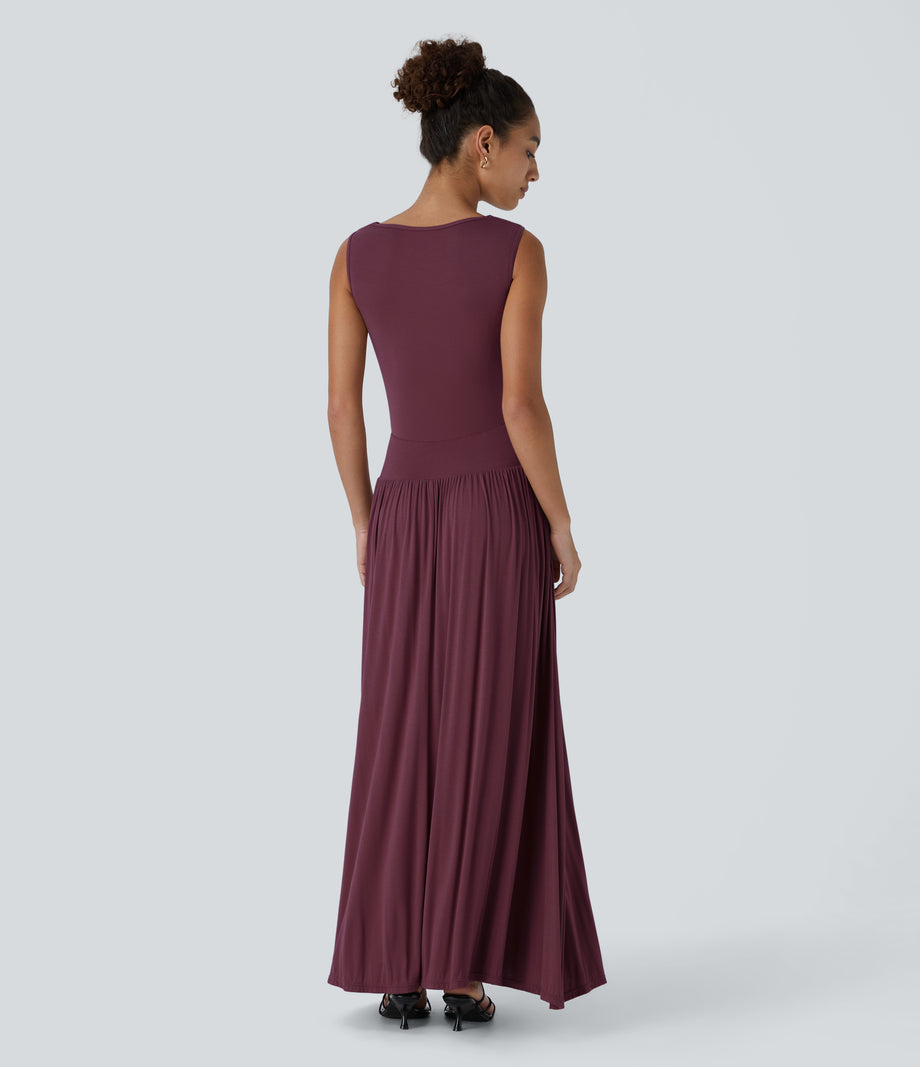 Ribbed Boat Neck Asymmetric Strap Ruched Pocket Flowy Maxi Casual Dress - Maroon Banner