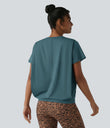 Round Neck Short Sleeve Ruched Cool Touch Yoga Sports Top-UPF50+ - Hydro
