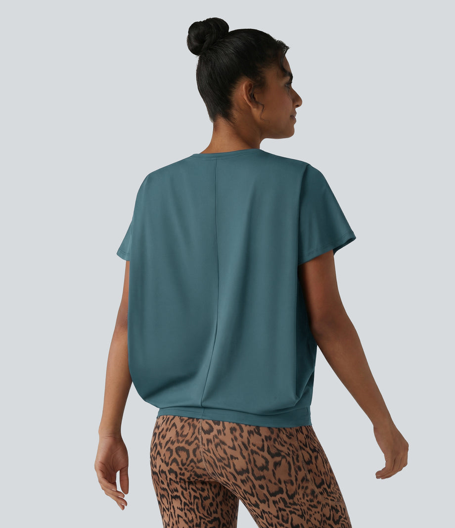 Round Neck Short Sleeve Ruched Cool Touch Yoga Sports Top-UPF50+ - Hydro