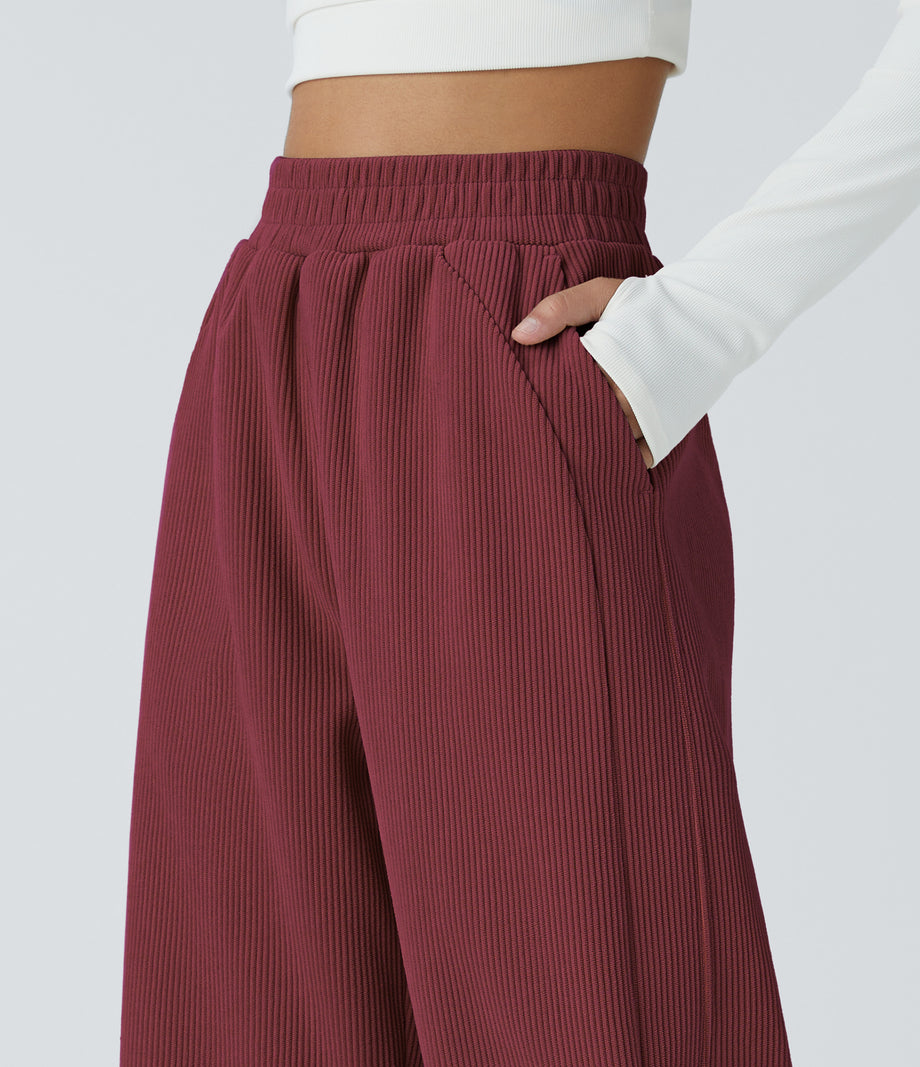 High Waisted Pocket Straight Leg Baggy Mop Corduroy Casual Pants - Burnt Russet