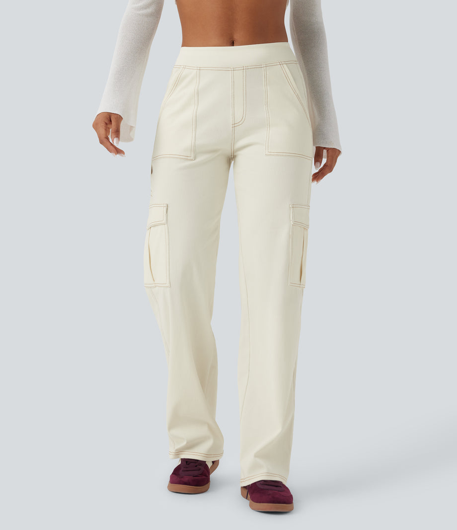 Halara Flex™ Mid Rise Pockets Straight Leg Casual Cargo Jeans - Ivory Denim