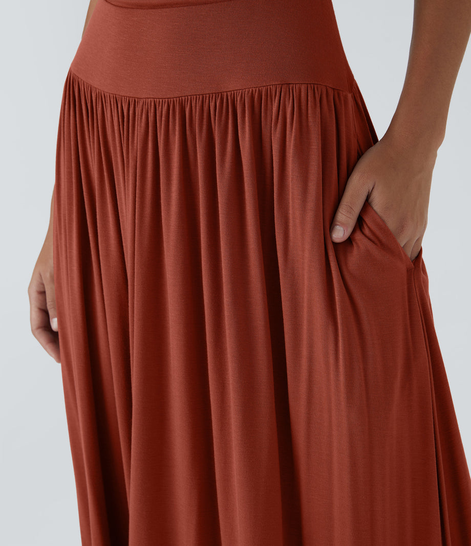 Ribbed Boat Neck Asymmetric Strap Ruched Pocket Flowy Maxi Casual Dress - Picante
