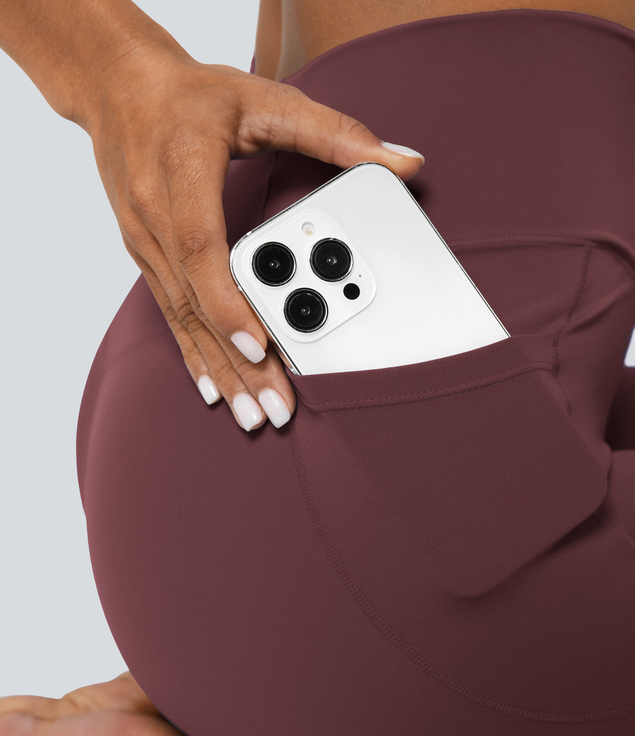 SoftlyZero™ Crossover Pocket Plain Leggings-UPF50+ - Red Mahogany
