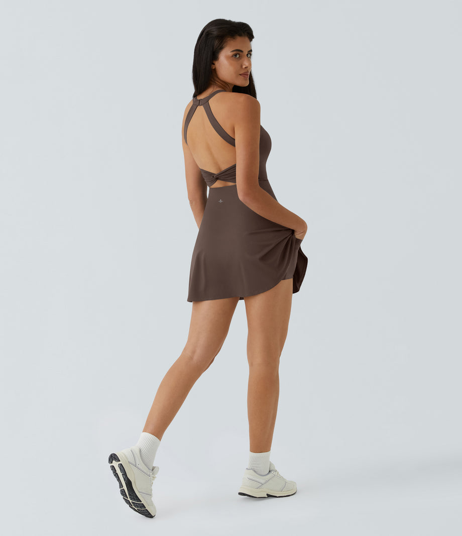 SoftlyZero™ Airy Backless Twisted Flare Low Support Dance Active Dress-Longer Length-Easy Peezy Edition A-D Cups - Chocolate Martini
