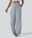 High Waisted Drawstring Wide Leg Casual Linen-Blend Pants with Pockets - Baby Blue