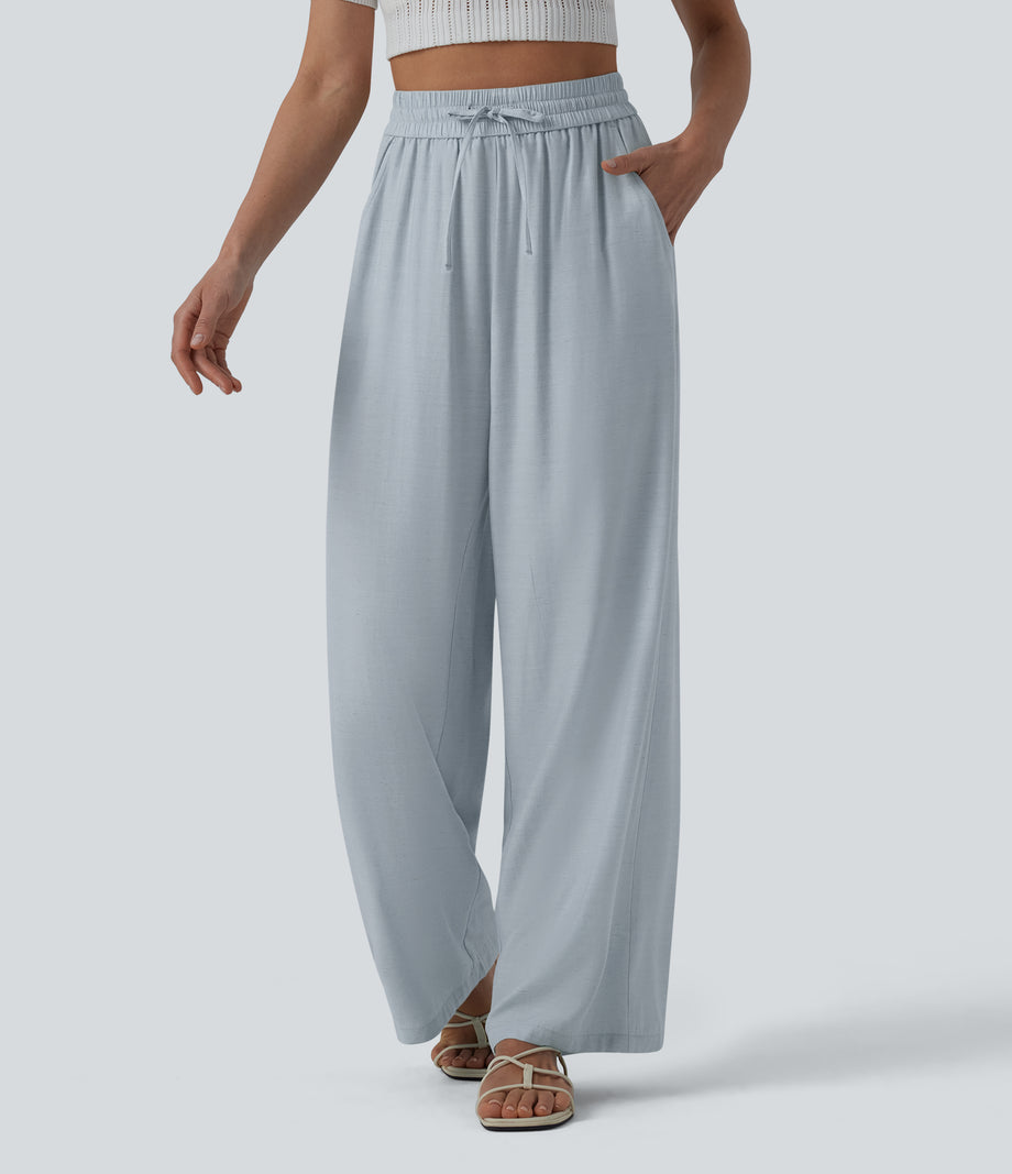 High Waisted Drawstring Wide Leg Casual Linen-Blend Pants with Pockets - Baby Blue