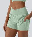 SoftlyZero™ Airy Crossover High Waisted 2-in-1 Cool Touch Yoga Shorts 3'' with Pockets - Light Bean Green