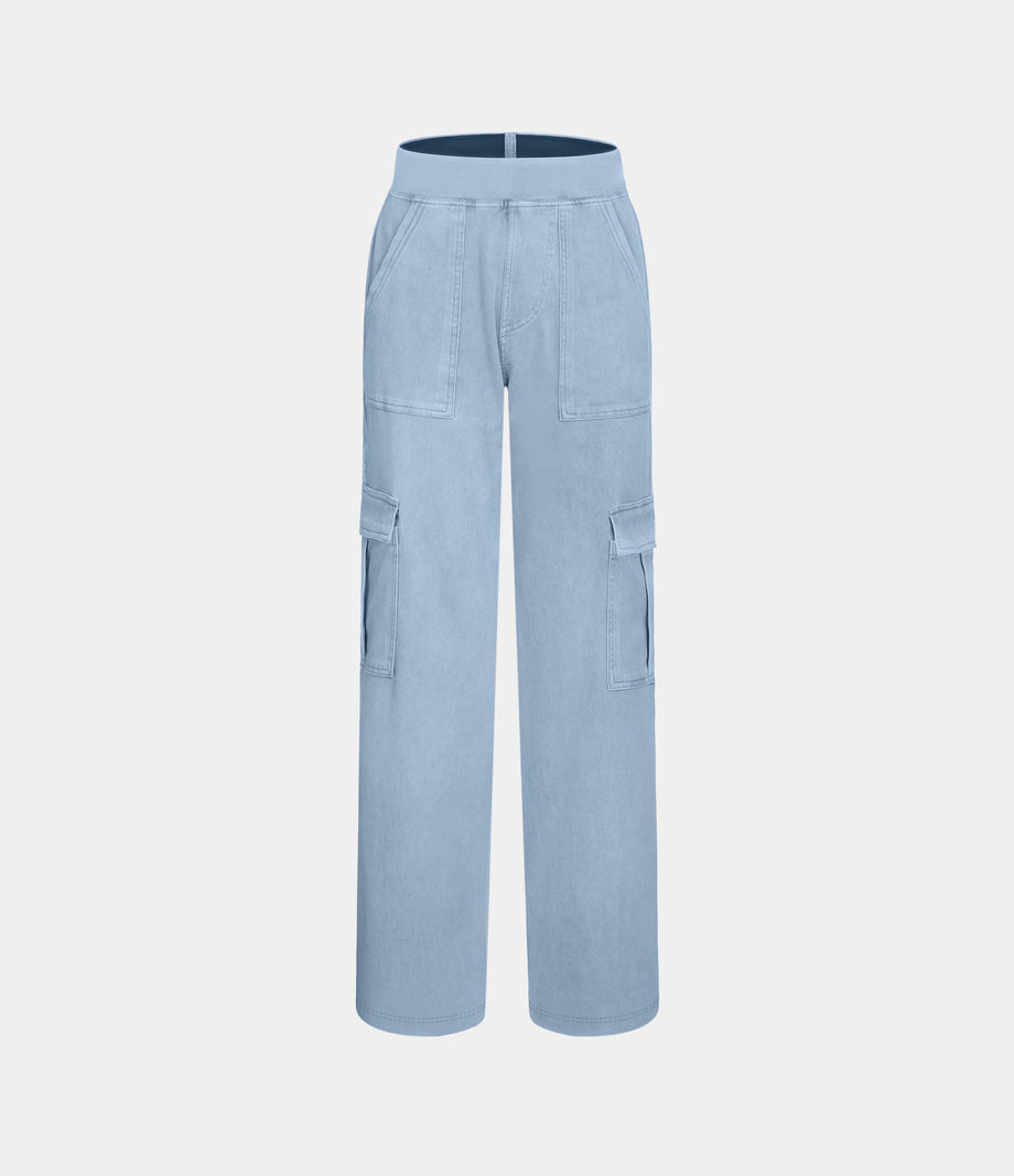 Halara Flex™ Mid Rise Pockets Straight Leg Casual Cargo Jeans - Denim Cyan Blue