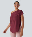One Shoulder Short Sleeve Curved Hem High Low Quick Dry Yoga Sports Top - Tibetan Red
