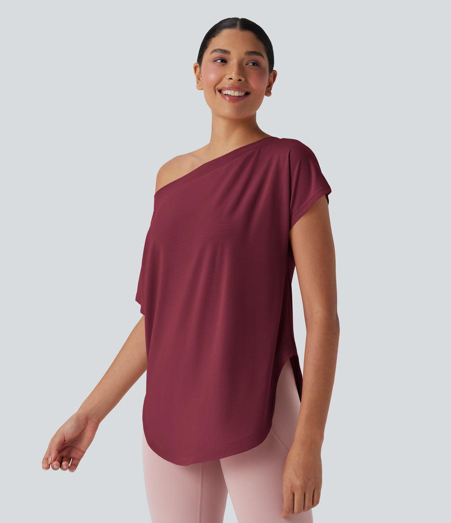 One Shoulder Short Sleeve Curved Hem High Low Quick Dry Yoga Sports Top - Tibetan Red