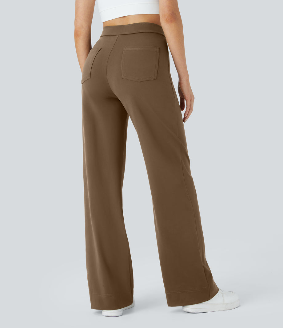 DayStretch High Waisted Pockets Straight Leg Casual Pants - Sepia