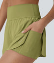 SoftlyZero™ QuickDry High Waisted Tummy Control Reflective Dots Crossover Hem 2-in-1 Running Shorts 3'' with Pockets - Moss