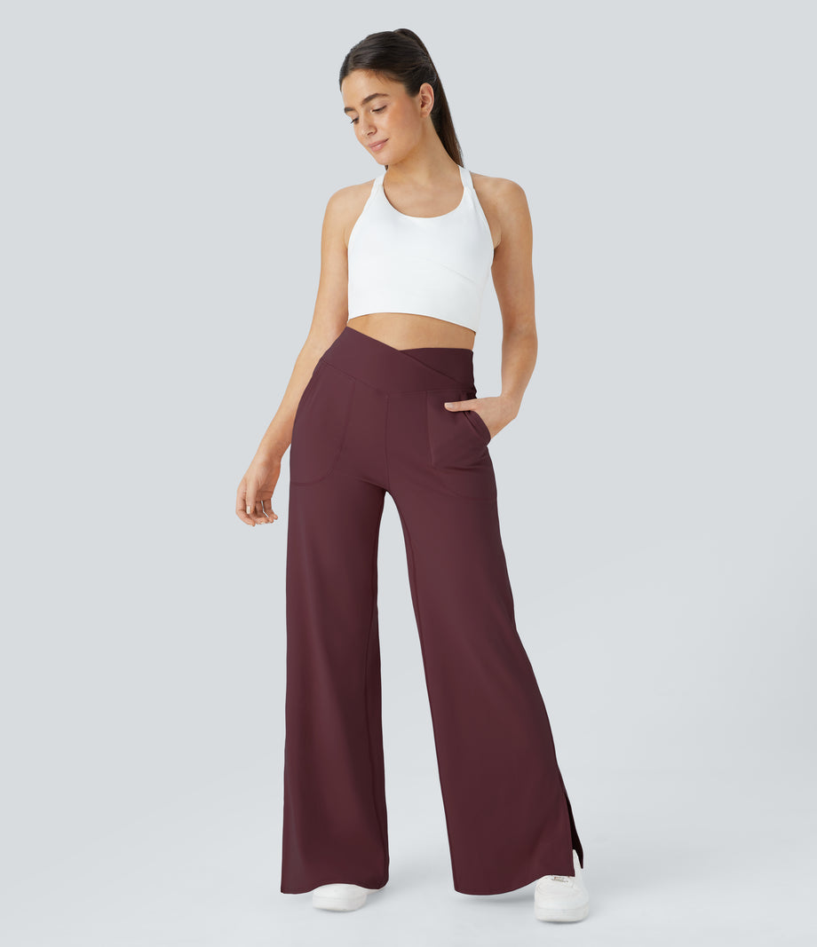 DayStretch Crossover Pocket Hem Wide Leg Yoga Pants-Smile - Red Mahogany