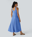 U Neck Flowy Maxi Casual Tank Dress - Sky Blue Floral Yarn