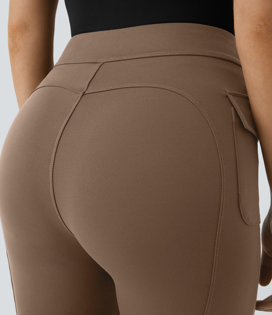 High Waisted Side Flap Pocket Flare Casual Cargo Pants - Burro