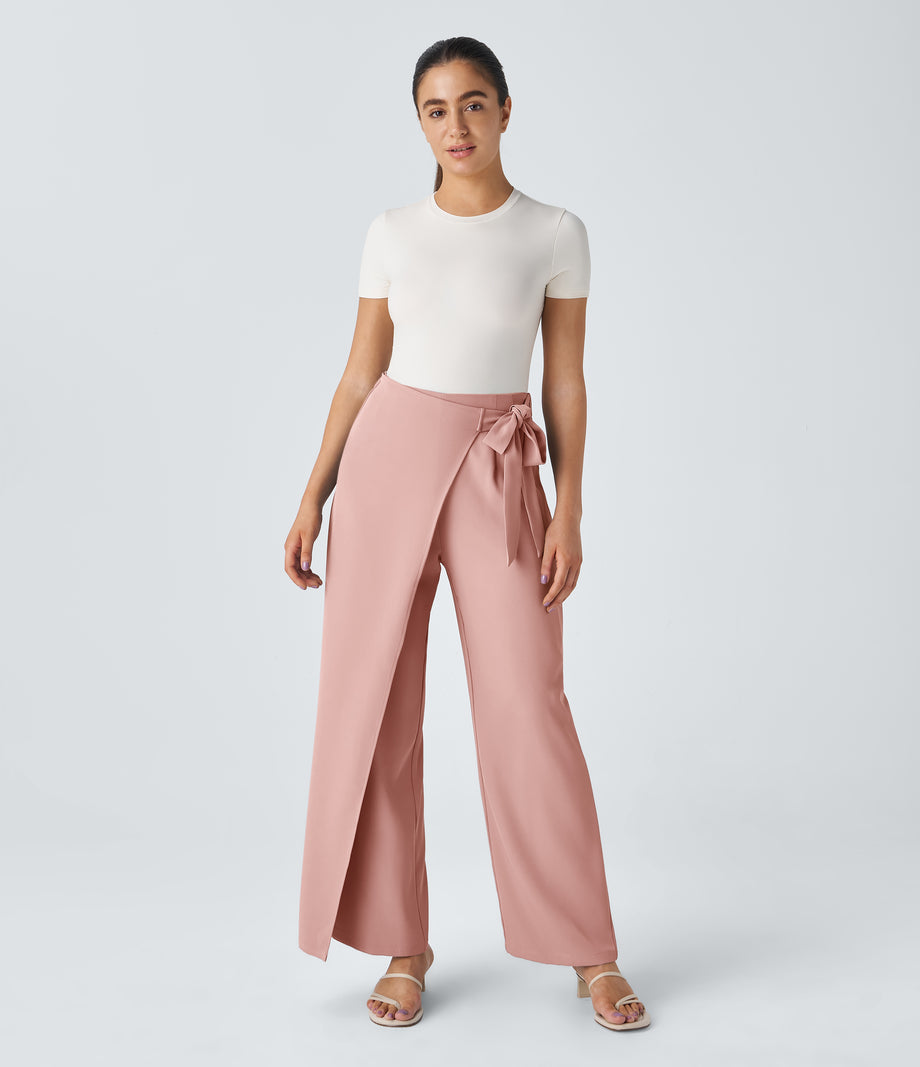 Halara Flex™ High Waisted Tie Side Wide Leg Work Pants - Frost Peach Pink