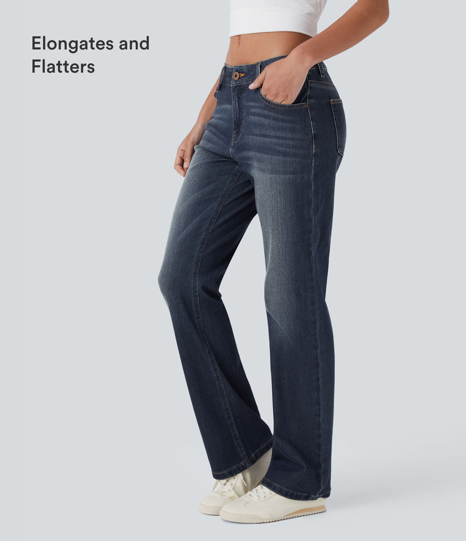 Halara Flex™ Low Rise Zipper Pockets Washed Casual Bootcut Jeans - Forest Blue Denim