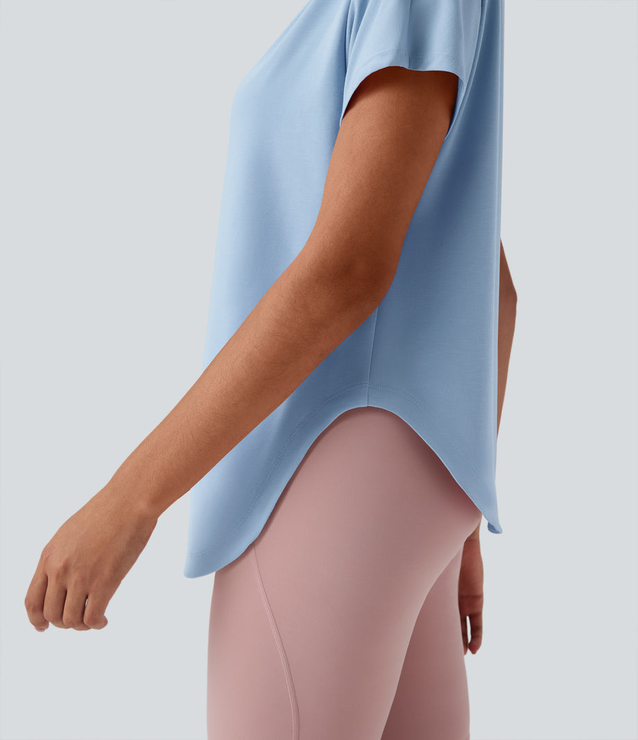 One Shoulder Short Sleeve Curved Hem High Low Quick Dry Yoga Sports Top - Angel Falls