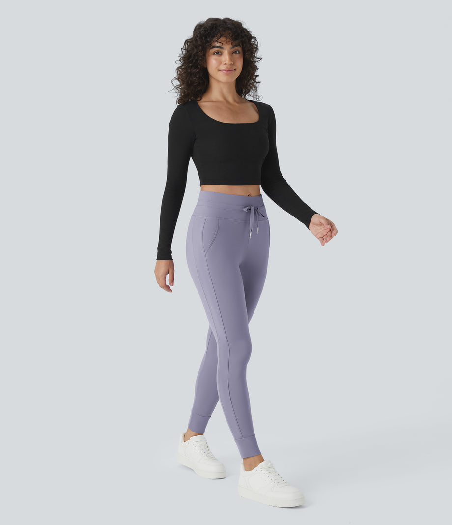 SoftlyZero™ Plush High Waisted Drawstring Pocket Plain Full Length Joggers - Silver Bullet