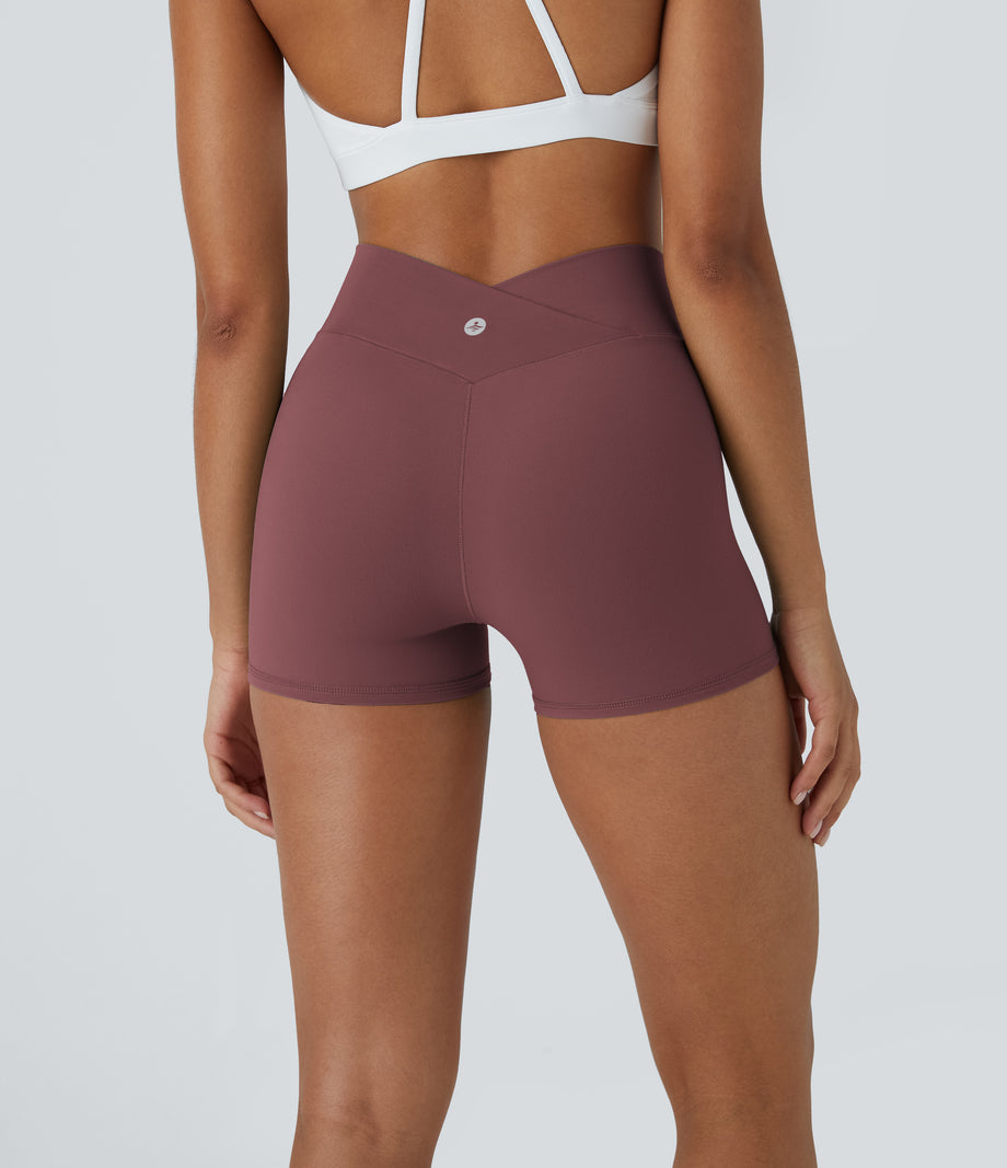 SoftlyZero™ High Waisted Crossover Plain Yoga Biker Shorts 3''-UPF50+ - Red Mahogany