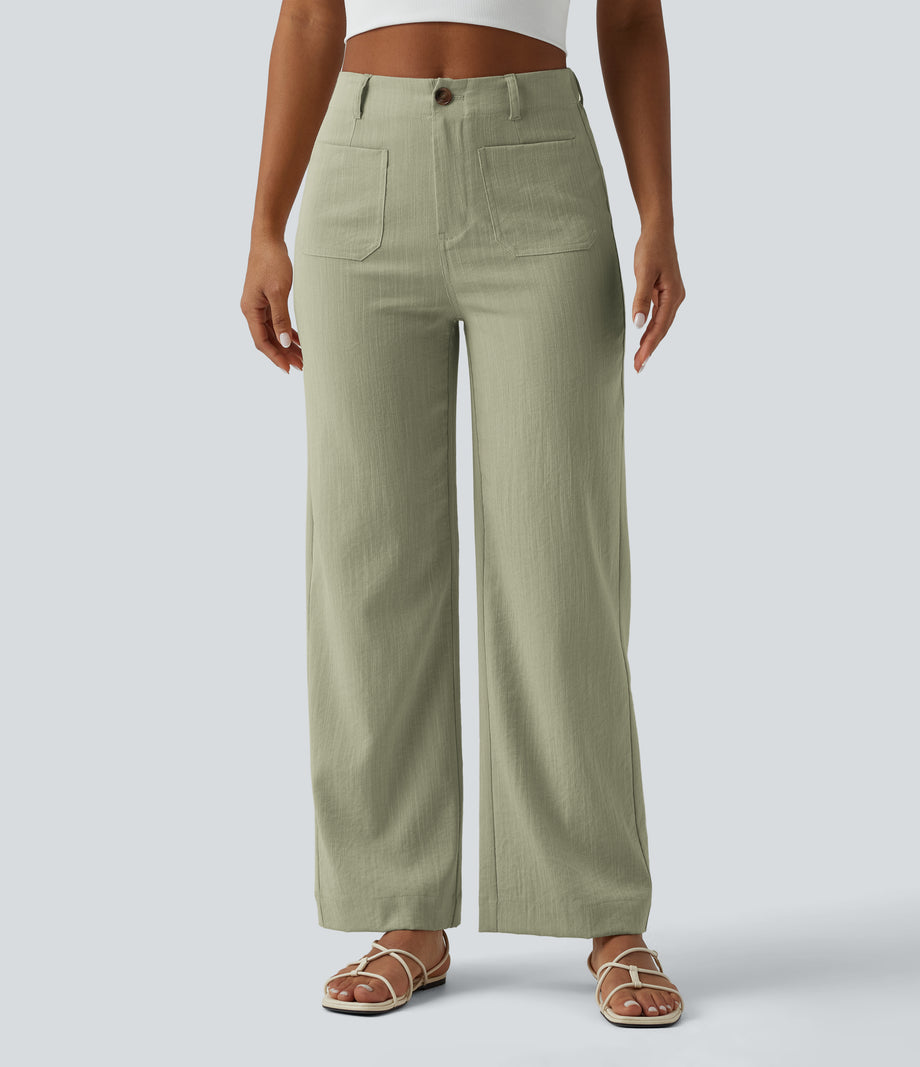 High Waisted Straight Leg Casual Linen-Feel Pants with Pockets - Sunveil Cream Yellow