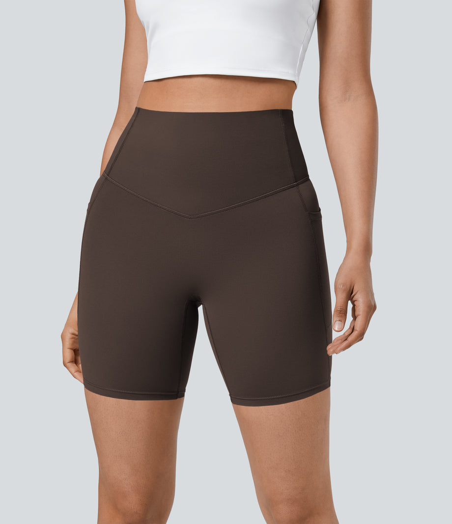 Halara UltraSculpt™ High Waisted Tummy Control Pocket Shaping Training Biker Shorts 7'' - Hot Fudge