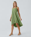 Breezeful™ Backless Racerback Side Pocket High Low Flowy Midi Quick Dry Casual Dress - Hot Wasabi - Green