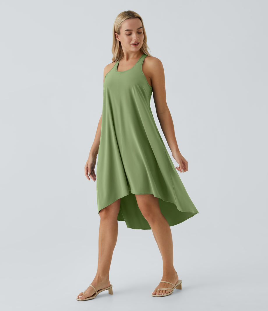 Breezeful™ Backless Racerback Side Pocket High Low Flowy Midi Quick Dry Casual Dress - Hot Wasabi - Green