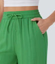 High Waisted Drawstring Pocket Wide Leg Baggy Casual Linen-Feel Pants - Kelly Green