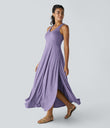 U Neck Flowy Maxi Casual Tank Dress - Light Purple Floral Yarn