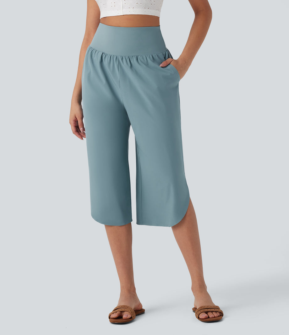 Breezeful™ High Waisted Tummy Control Hem Quick Dry Capri Pants with Pockets - Stone Blue