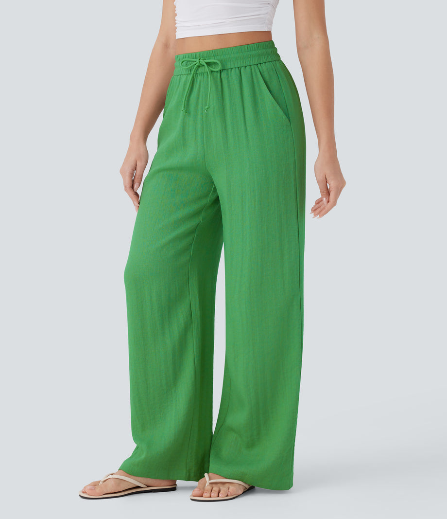 High Waisted Drawstring Pocket Wide Leg Baggy Casual Linen-Feel Pants - Kelly Green
