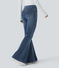 Halara Flex™ High Waisted Crossover Pocket Washed Casual Flare Jeans - Frost Blue Denim