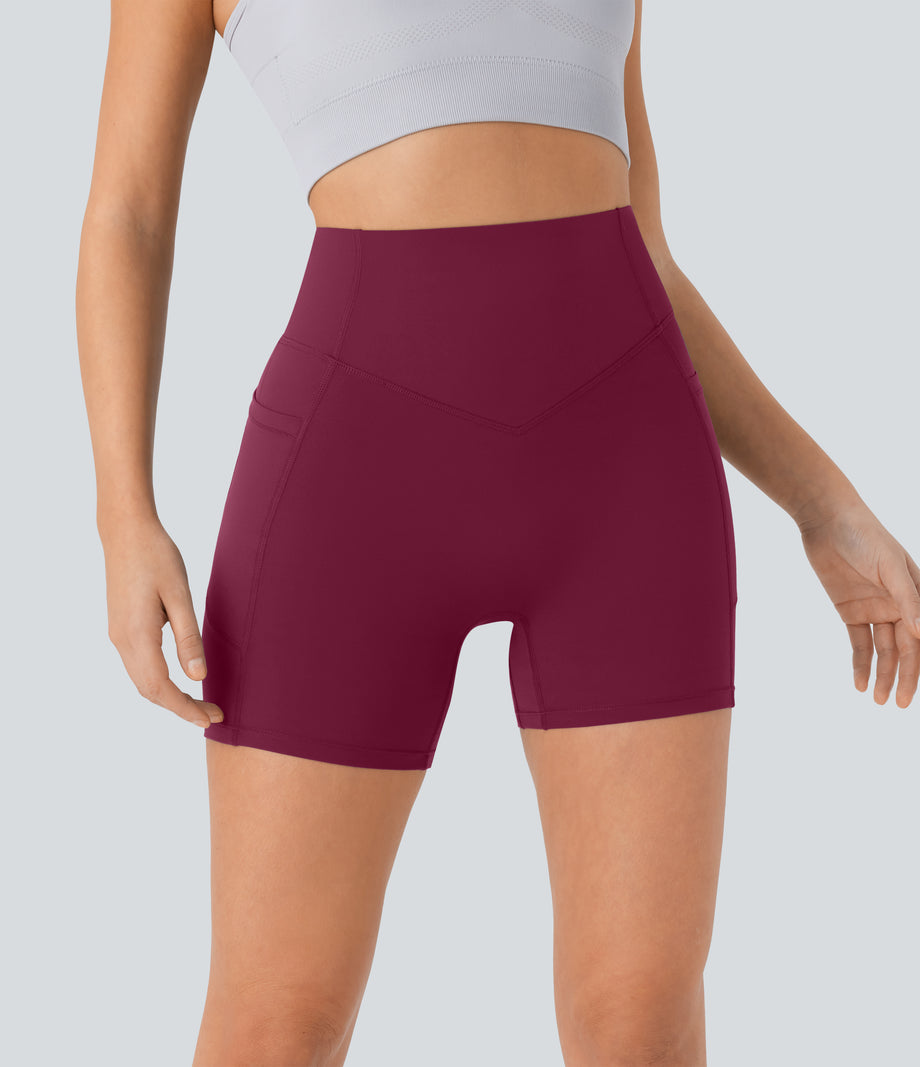 Halara UltraSculpt™ High Waisted Scrunch Butt Lifting Tummy Control Pocket Shaping Workout Biker Shorts 5'' - Red Plum